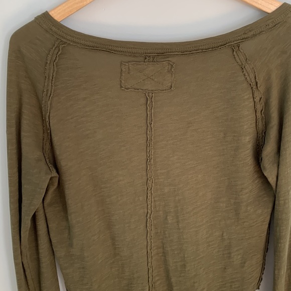 We The Free Split Neck Long Sleeve Cotton Top Olive Green Boho Relaxed Fit - Picture 8 of 10